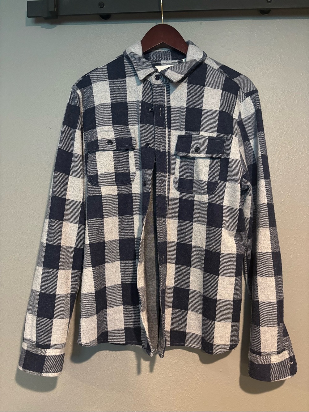 Men's Navy and White Check Casual Button-Down Shirt Jacket